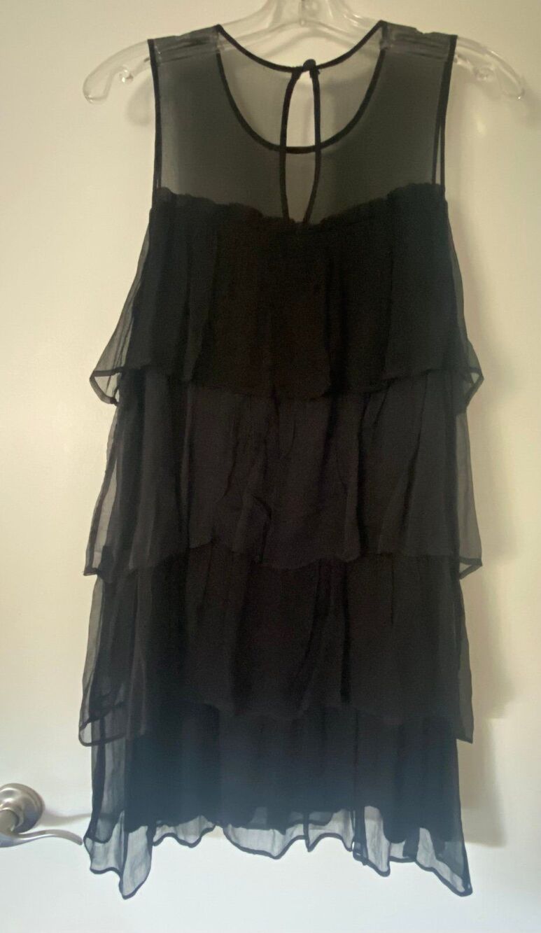 Silk Tier Ruffle Shift Dress M Illusion Sweetheart Cocktail Short Above Knee LBD - Picture 4 of 8